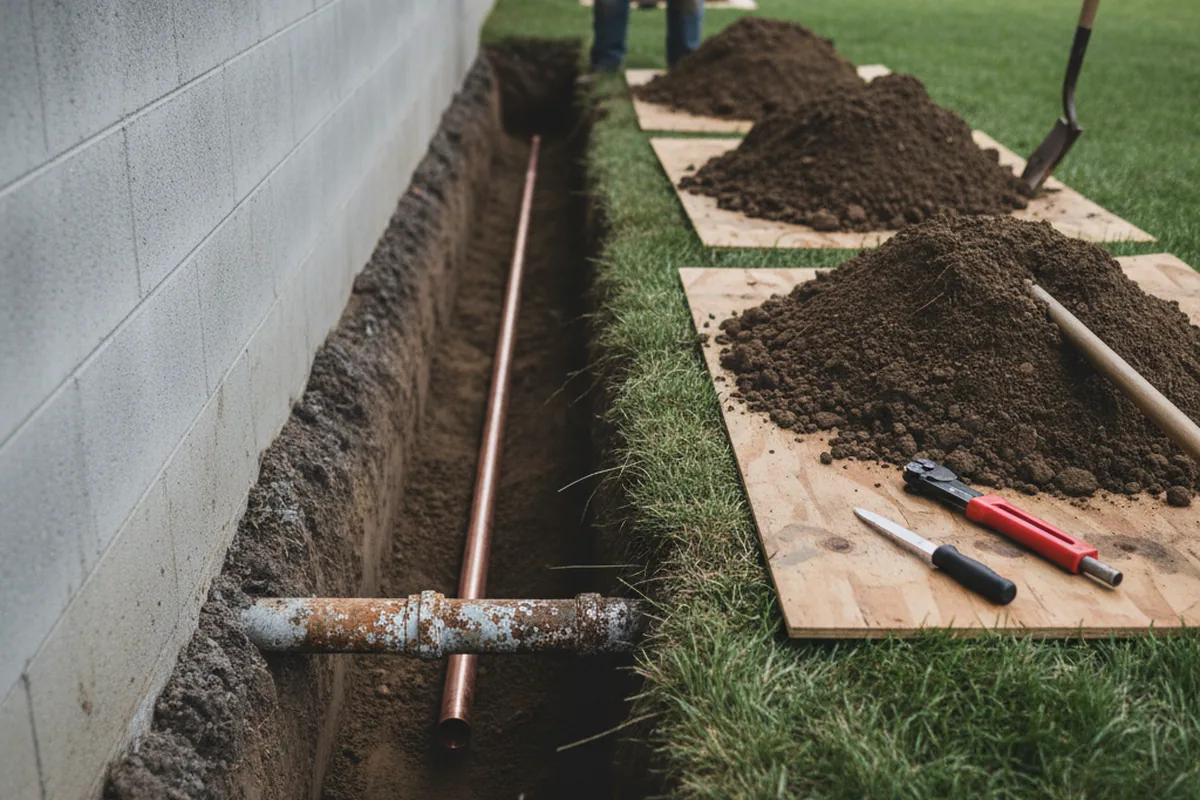 Excavated water line trench during Water Softener Installation in West Milton
